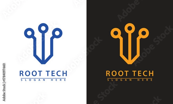 Obraz Abstract root tech logo with three nodes. Symbolizes foundation, source, digital roots, and core technology solutions.