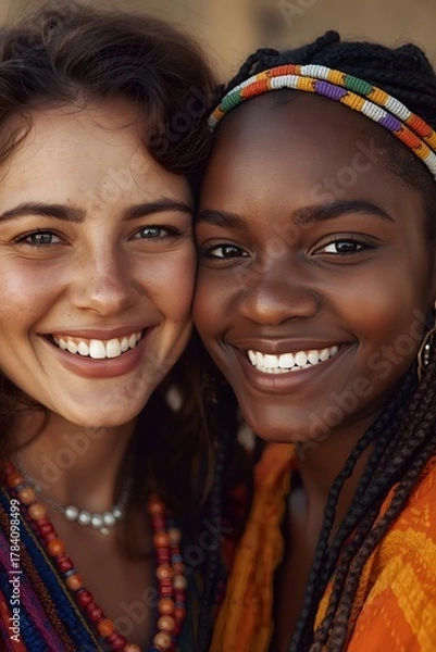 Obraz Two joyful friends standing close together in warm natural light, expressing authentic connection, diversity, and vibrant bohemian style through colorful clothing, radiant smiles, and intimate portrai