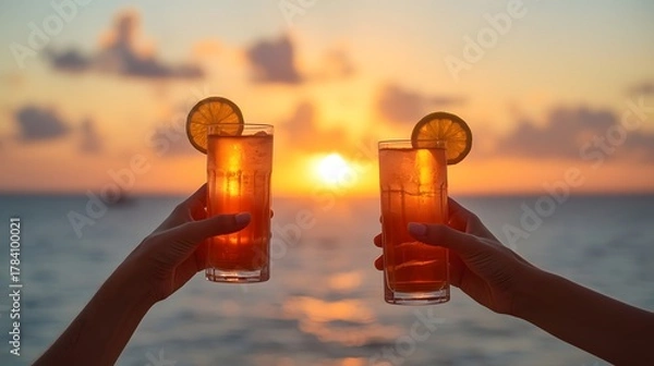 Obraz Celebratory beach moment with two refreshing cocktails held against a glowing sunset over the ocean, capturing vibrant color, relaxed vacation atmosphere, and the warm mood of shared enjoyment in a sc