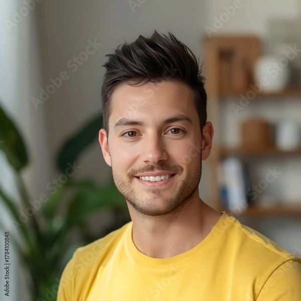 Obraz Warm natural portrait of a young man smiling confidently indoors, surrounded by soft daylight and subtle home décor details, highlighting an approachable expression and relaxed atmosphere suitable for