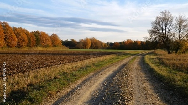 Fototapeta Autumnal country lane through plowed fields