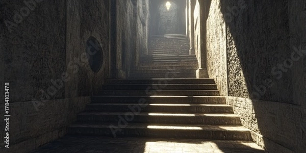 Fototapeta Ancient stone stairway, shadowed and lit by sunlight