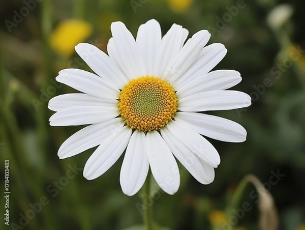 Fototapeta Close-up of a single white daisy with yellow center, blurred green background