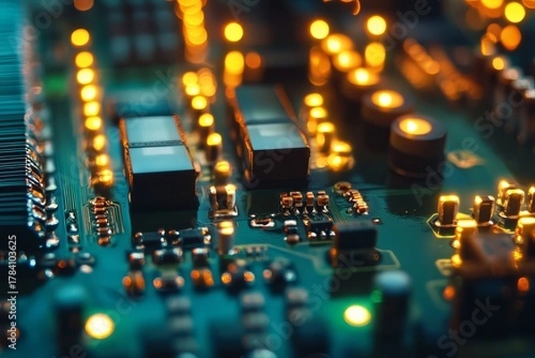 Fototapeta Close-up of illuminated circuit board with glowing components
