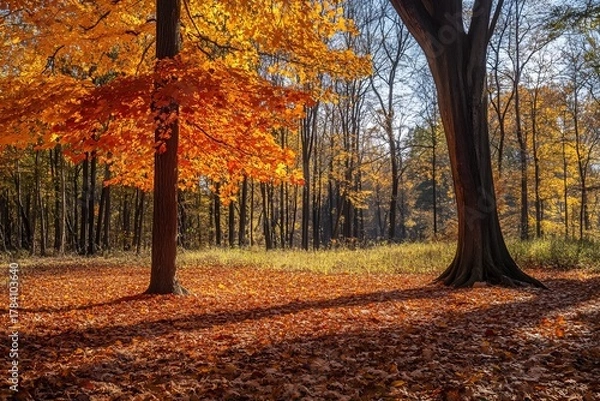 Fototapeta Autumnal forest bathed in sunlight