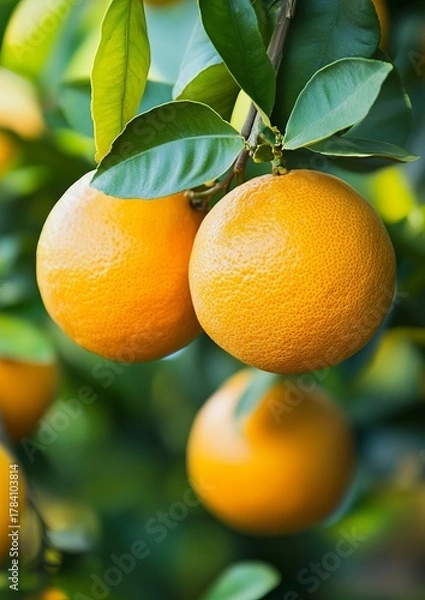 Fototapeta Close-up of ripe oranges on a tree branch. Lush green leaves