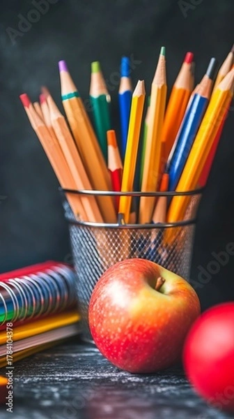 Fototapeta Colorful pencils, notebooks, and apple on dark background