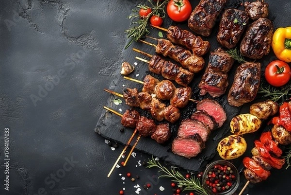 Obraz Assorted grilled skewers and meats on a dark stone board