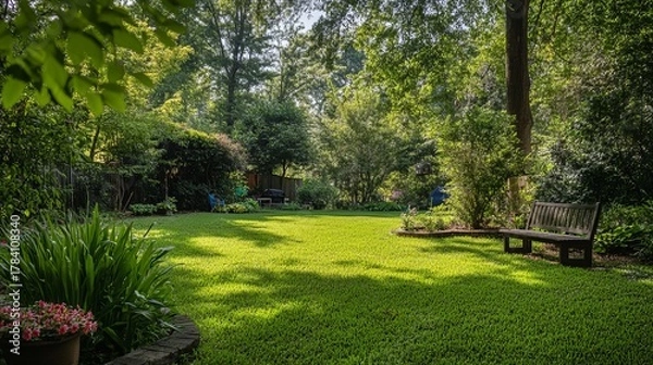 Obraz Lush backyard garden with sun-dappled lawn
