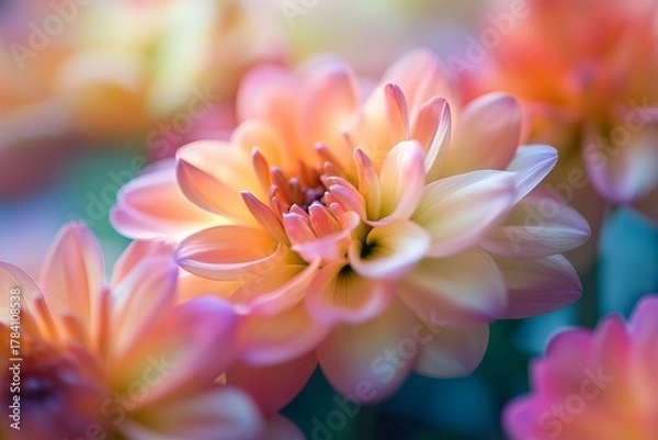 Fototapeta Close-up of vibrant, soft peach and pastel pink dahlia blossoms