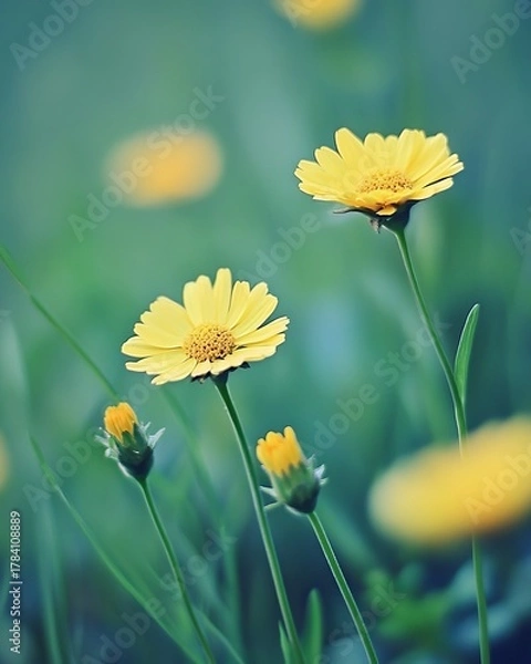Fototapeta Delicate yellow flowers in a field of soft greens