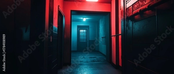 Obraz Neon-lit corridor with dark, foreboding atmosphere