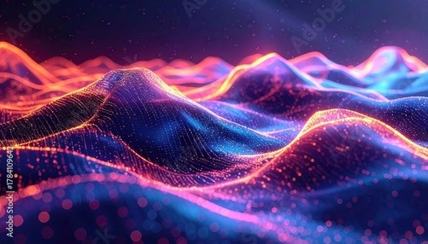 Fototapeta Abstract digital landscape with vibrant neon lights and glowing particles creating a modern tech