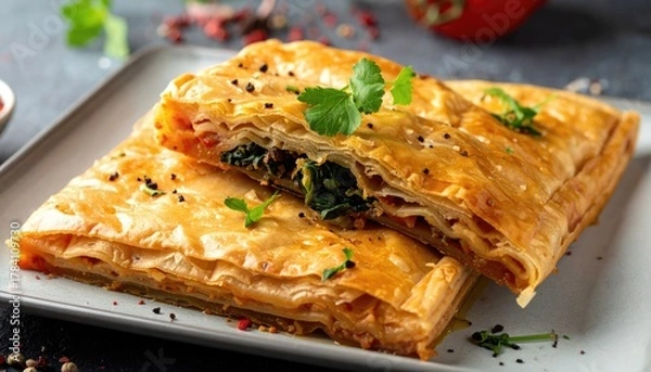 Fototapeta Delicious Spanakopita with Crispy Layers and Fresh Spinach Filling on a Plate