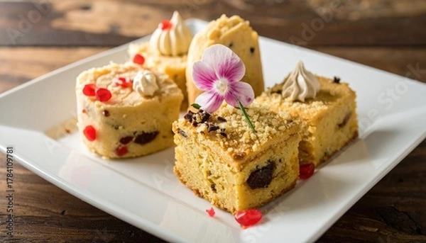 Fototapeta Elegant platter of gourmet cakes adorned with flower and delicate toppings inviting a delectable