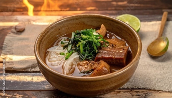 Fototapeta Exquisite bowl of japanese ramen with pork belly and fresh green garnish on wood table