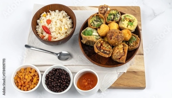 Fototapeta Exquisite culinary arrangement featuring vibrant rice bowl and diverse pastry platter