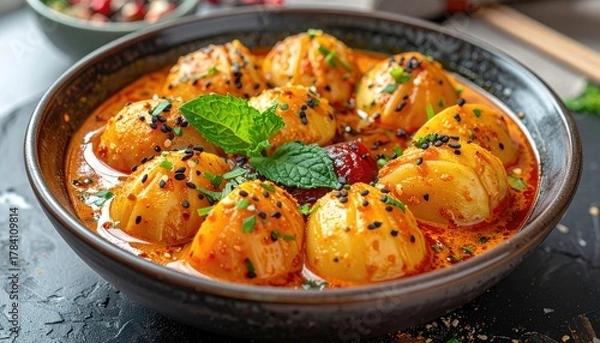 Fototapeta Exquisite close-up of flavorful dumplings in a rich sauce with fresh garnish presenting asian