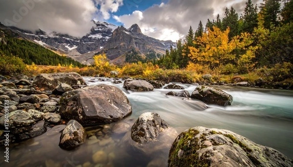 Fototapeta Majestic Mountain Landscape with Flowing River and Autumnal Colors in Switzerland
