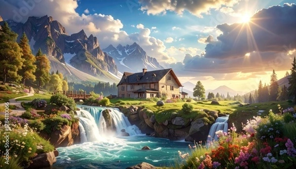 Fototapeta Scenic mountain home with waterfalls, lush greenery and vibrant wildflowers with natural light