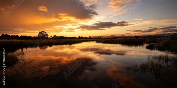 Obraz Golden sunset over a tranquil marsh reflecting vibrant hues