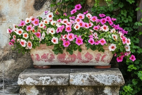 Obraz Ornate planter overflowing with pink and white flowers