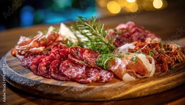 Obraz Assorted cured meats and cheeses on a wooden platter (3)