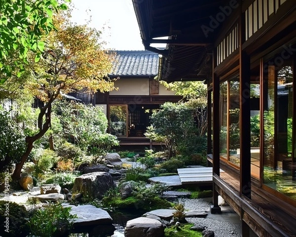 Obraz Tranquil Japanese garden with traditional wooden buildings