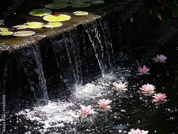 Obraz Water cascading over dark stone, lily pads and blossoms