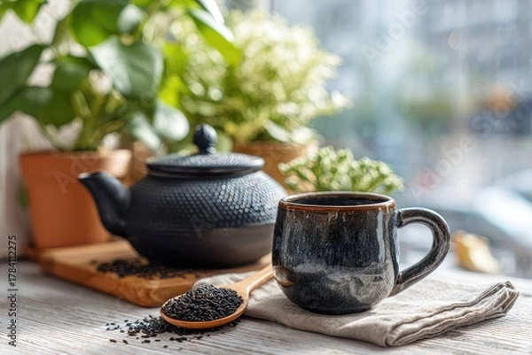 Fototapeta Dark-toned tea set on a windowsill, with tea seeds