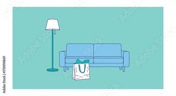 Obraz Minimalist living room scene with lamp sofa and shopping bag silhouette