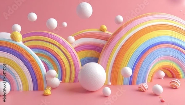 Fototapeta Abstract 3D render of colorful arches and spheres on a pastel pink background
