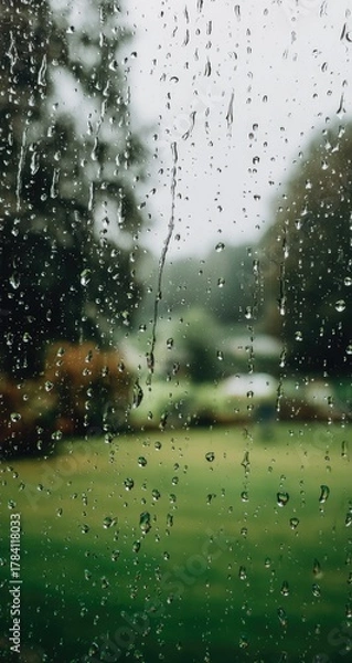 Fototapeta Raindrops on a window pane, blurring a garden scene