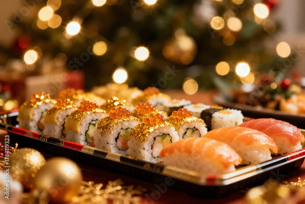 Fototapeta Festive holiday sushi and sashimi platter with golden rolls and ikura, set against blurred warm Christmas tree lights, perfect for a luxurious celebration.