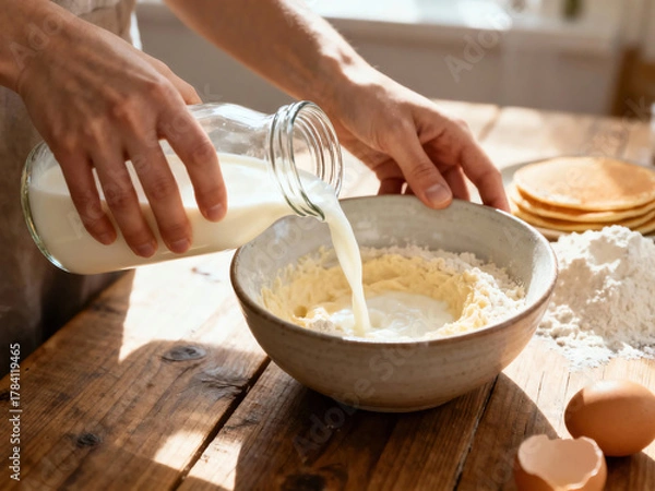 Obraz Hands pouring fresh milk into a bowl with flour and butter on a rustic wooden table, preparing homemade pancakes in natural morning light.