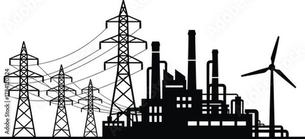 Fototapeta Industrial energy infrastructure, power plant, transmission towers, wind turbine, electricity grid, renewable vs fossil fuel, black and white, environmental contrast