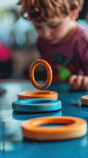 Obraz A child playing carnival games with a focus on the ring toss setup, playful and candid moment, clean and professional composition, copy space, natural color, minimalism, stock photography