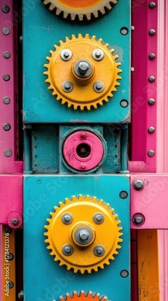 Obraz A close-up of a colorful amusement ride mechanism with gears and painted steel, industrial texture with fun colors, clean and professional composition, copy space, natural color, minimalism, stock pho