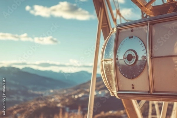 Obraz A close-up of a Ferris wheel cabin with a scenic view in the background, soft light and gentle atmosphere, clean and professional composition, copy space, natural color, minimalism, stock photography