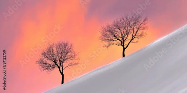 Fototapeta Minimalistic winter landscape. Trees on a hill before an evening sky