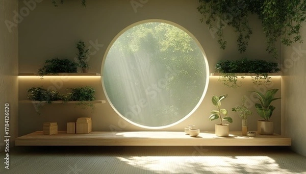 Fototapeta Calm, minimalist room with a large circular window showcasing a lush forest