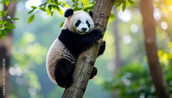 Fototapeta Panda climbs a tree trunk in a forest setting, looking towards the viewer.