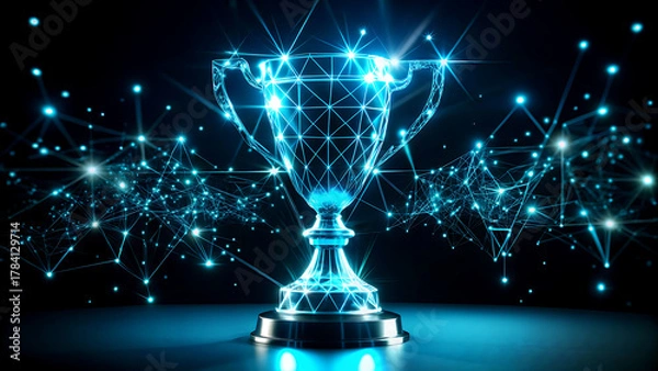 Fototapeta Digital trophy award with glowing network connections a futuristic concept for e-sports technology and online competitions