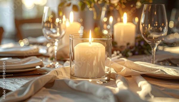 Fototapeta Candlelit Dinner: A warm and inviting scene, featuring a beautifully set table adorned with glowing candles, elegant glassware, and delicate silverware.