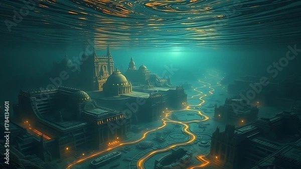 Fototapeta Submerged Atlantean cityscapes with ancient glowing migration paths beneath rippling water.