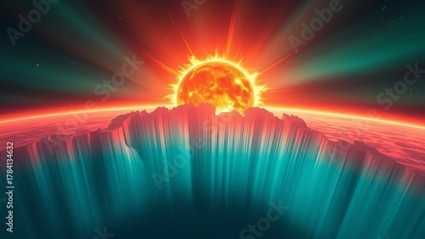 Fototapeta A painterly solar corona explosion with rippling aurora energy cascading toward a small blue planet.