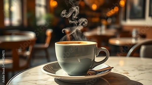 Obraz Steaming hot latte cup on an elegant cafe table, evoking a warm morning breakfast atmosphere.