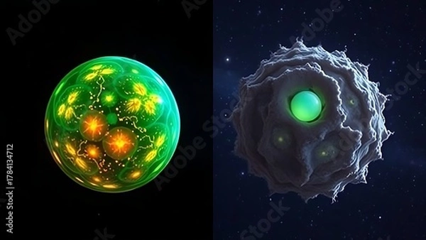 Obraz Two stem cells side by side—one vibrant on Earth, the other withered in starry space.