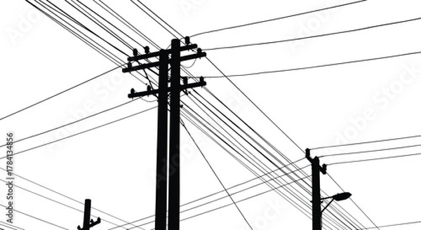 Fototapeta Utility poles with complex overhead power line network, electrical distribution vector illustration