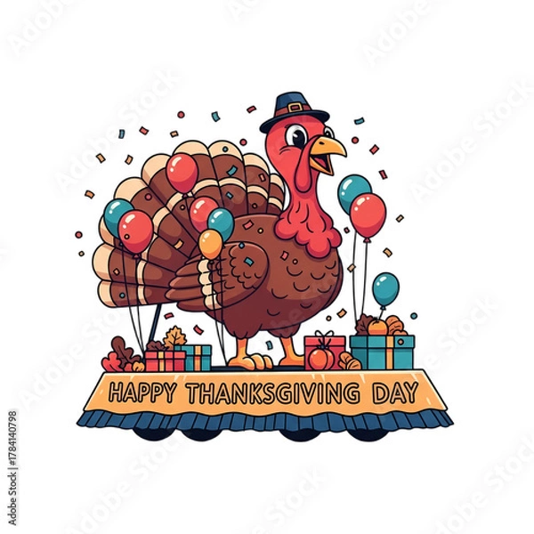 Fototapeta Festive Thanksgiving Day parade turkey float, a cheerful vector illustration with bold colors, balloons, and confetti. Perfect for holiday marketing, invitations, social media,